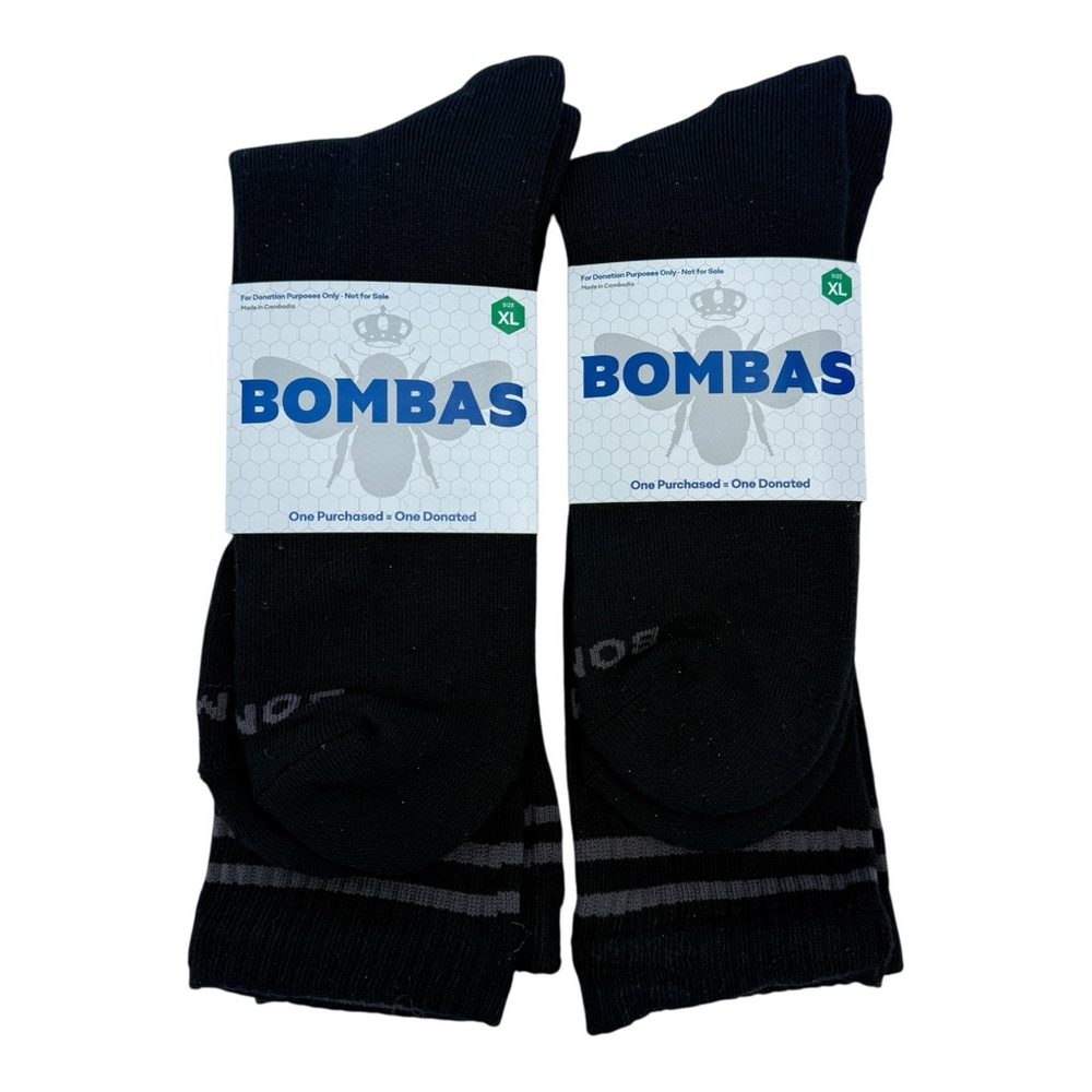 Bombas Mens Crew Socks 2 Pair Black Grey Stripe Honeycomb Arch Support Size‎ XL